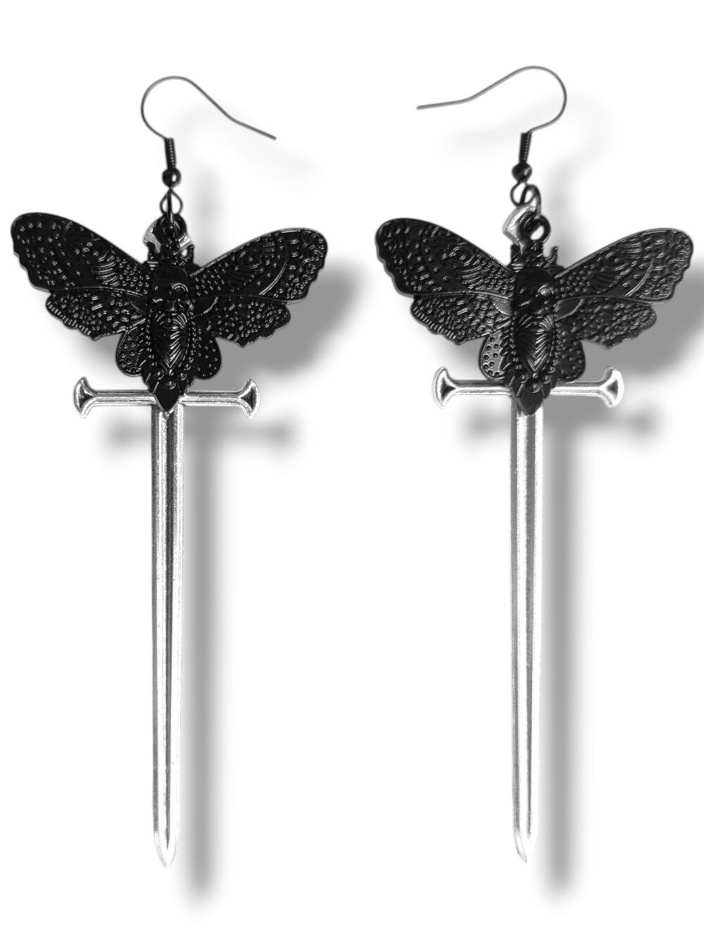 NWT Handmade Long Silver Sword and Black Death Moth Earrings